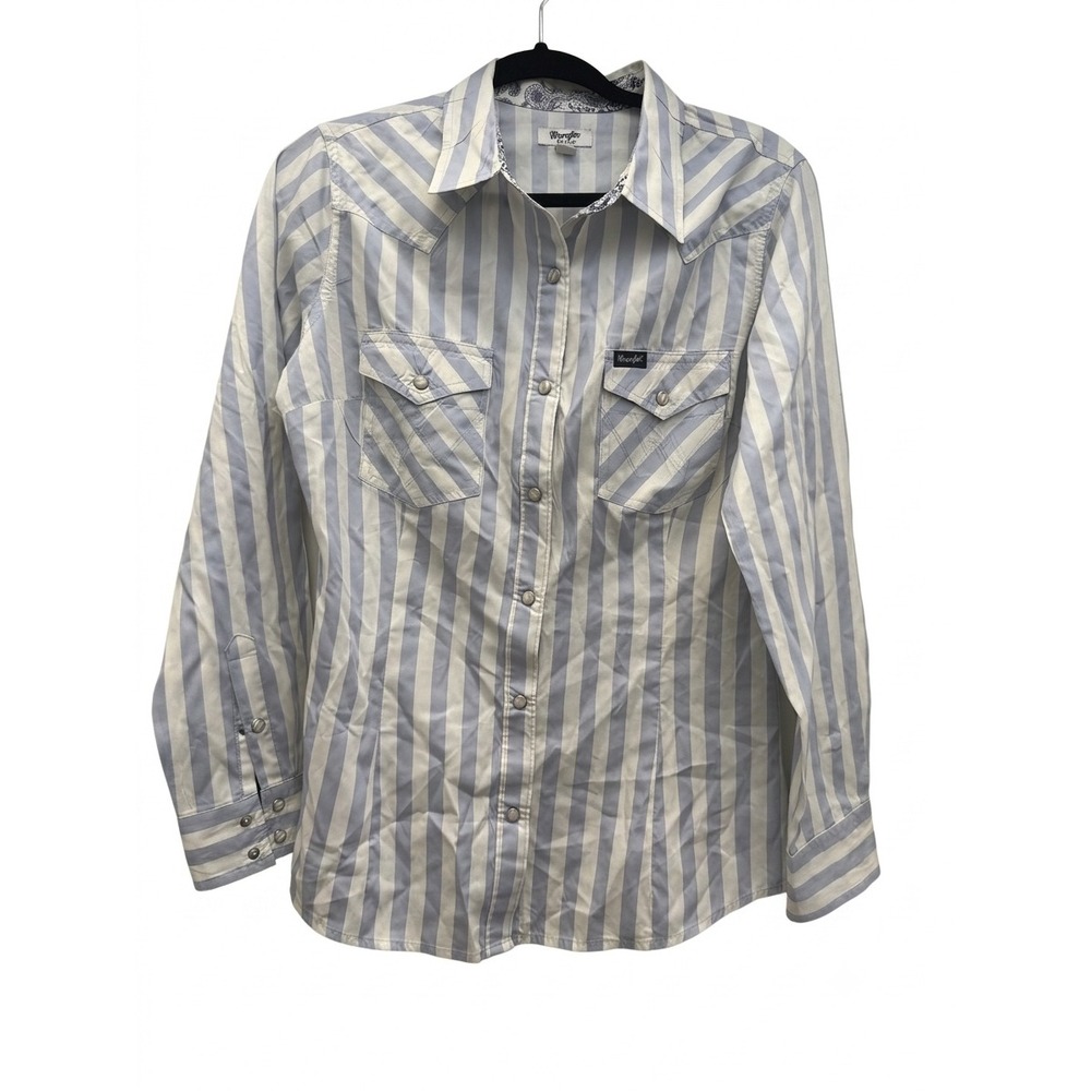 Wrangler Retro Womens Blue White Striped Western Snap Long Sleeve Shirt Size M